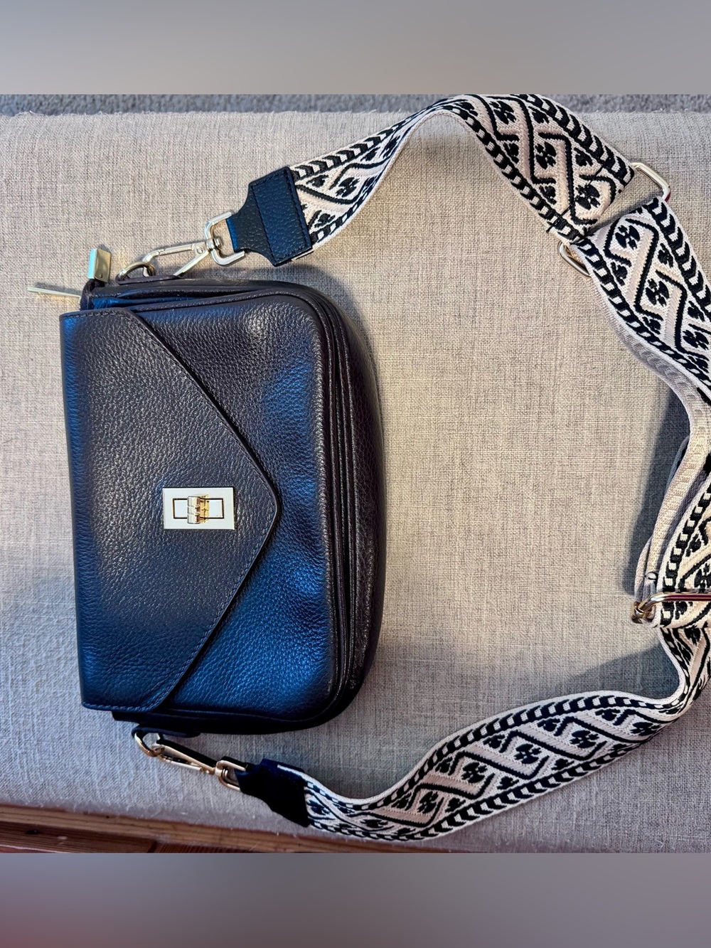 Italian Black Leather Crossbody Bag with Patterned Strap